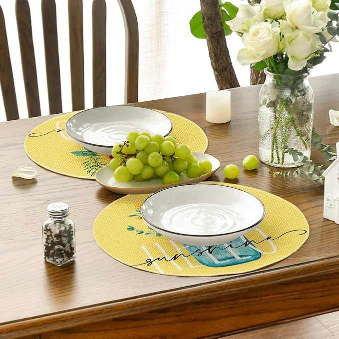 Artoid Mode Yellow Sunflower Vase Summer Round Placemats Set of 4, 14 Inch Summer Round Table Mats for Dining Decoration