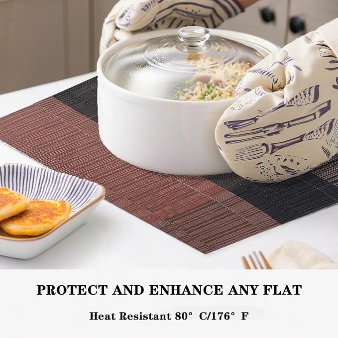 Black Brown Placemats Set of 2 - Heat Resistant Non-Slip Place mats for Dining Table, Washable Durable PVC Vinyl Woven Table Mats (Black Brown, 2)