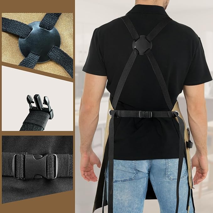 Professional Work Chef Apron for Men Women, Duty Water-Resistant Cotton Canvas, Durable Adjustable, Cooking BBQ