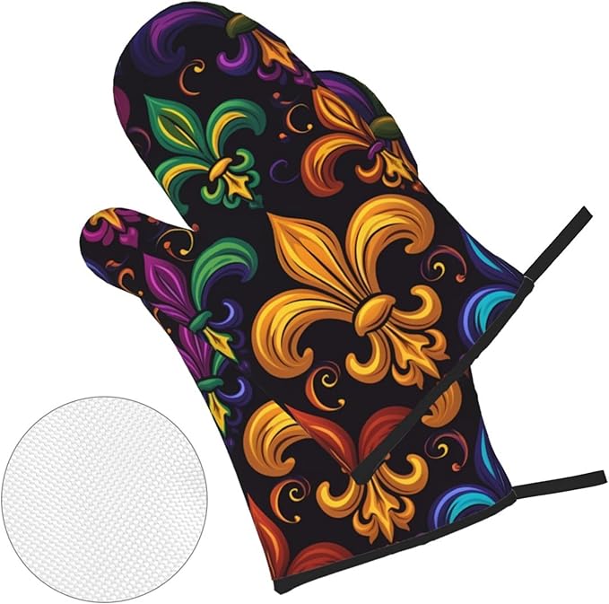 Colorful Fleur De Lis Oven Mitts and Pot Holders Sets Mardi Gras Kitchen Oven Gloves Heat Resistant 500 Degrees Oven Mitt and Hot Pad for Cooking BBQ Baking Grilling
