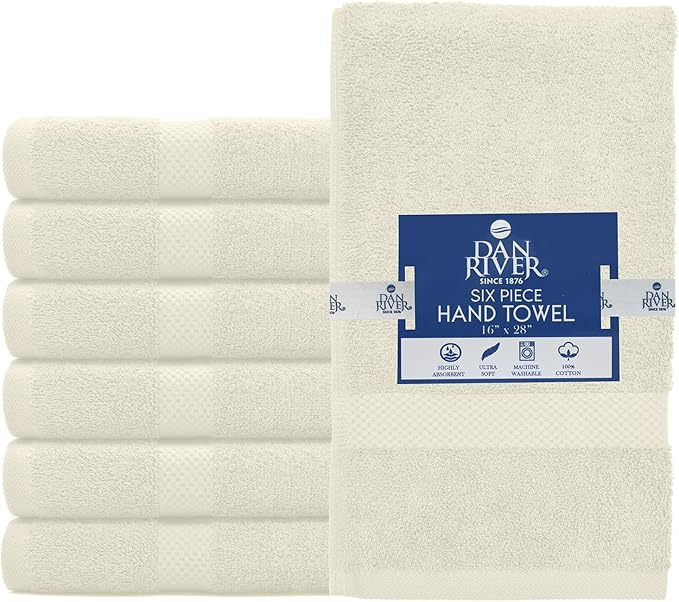 DAN RIVER 6-Pack Premium Hand Towels (16x28 Inches) - 100% Cotton, Ultra Soft, Lightweight, Highly Absorbent Towels for Bathroom, Spa, Gym, Salon, Hotel, and Travel - Ivory