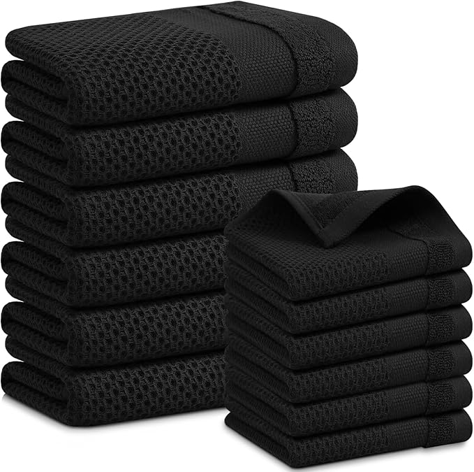 Homaxy Kitchen Towels and Dishcloths Set, 12 x 12 and 13 x 28 Inches, Set of 12 100% Cotton Waffle Weave Kitchen Towels, Super Soft and Absorbent Dish Cloths, Black