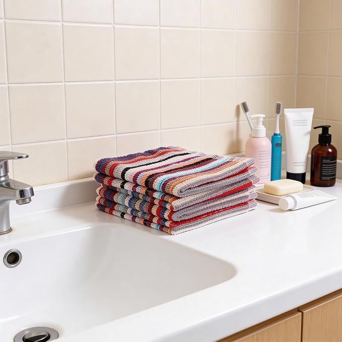 Lemecima Premium Kitchen Dishcloths Set of 30, Ultra Absorbent 100% Cotton Cleaning Cloths for Washing Dishes, Drying, Scrubbing, 12x12 Inches Multicolor Striped Patterns