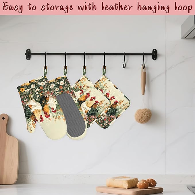 Chicken Rooster Farm Flower Heat-Resistant Silicone Oven Mitts and Pot Holder 4 Piece Set,Non-Slip Kitchen Oven Gloves for Baking, BBQ, Cooking,Grilling
