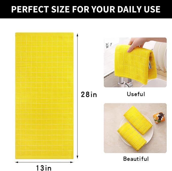 Homaxy 100% Cotton Terry Kitchen Towels(Yellow, 13 x 28 inches), Checkered Designed, Soft and Super Absorbent Dish Towels, 4 Pack