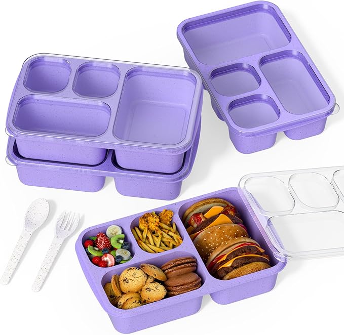 Bento Box 4-Pack 5-Compartment Meal Prep Containers, BPA-Free Plastic, Stackable Food Storage Lunch Boxes for Adults and Kids, School Work Travel (Purple)