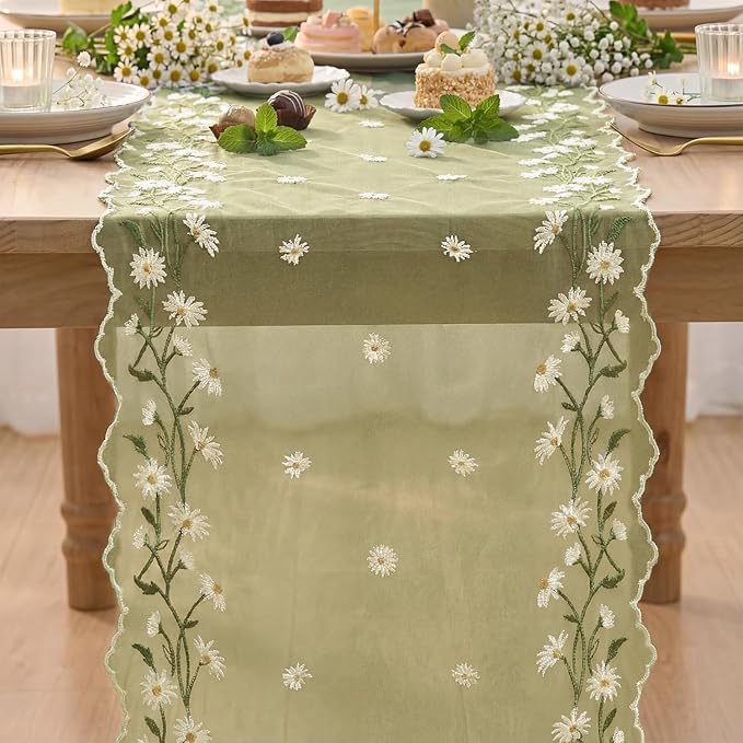 Artoid Mode Daisy Floral Fern Green Shaped Gauze Embroidery Table Runner 120 Inch 10FT, Tulle Spring Summer Kitchen Dining Table Decor for Home Party