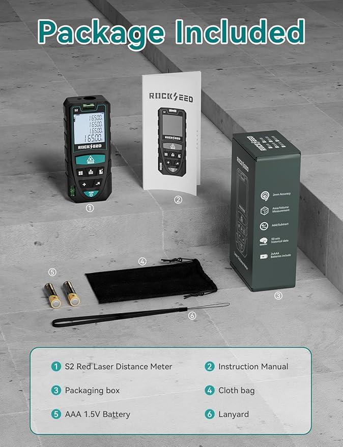 Laser Measure 50M/165ft,RockSeed Digital Laser Distance Meter with 2 Bubble Levels,Portable M/in/Ft Unit Switching Backlit LCD and Measuring Distance/Area/Volume/Pythagorean