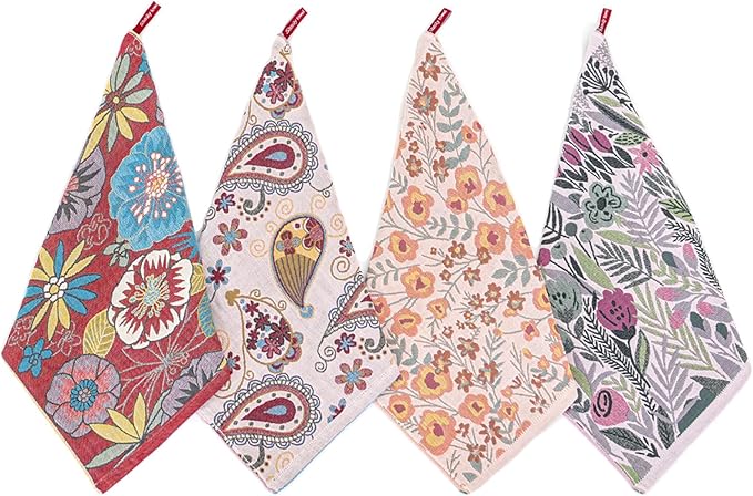 Cotton Kitchen Towels Set of 4, Quick Dry Sustainable Decorative Dish Towels for Kitchen Drying,Ultra Absorbent Reusable Cleaning Tea Towels,Pretty Hand Towels for Bathroom with Loop-Blossom