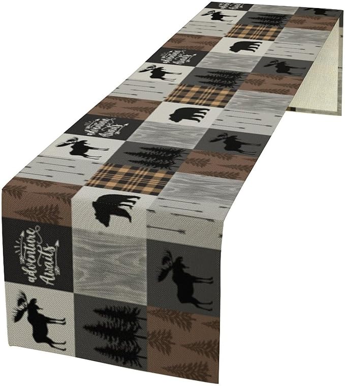 Rustic Cabin Bear Table Runner Retro Deer Moose Hunting Country Plaid Art Printed Runner for Home Kitchen Dining Table Living Room Decor Fabric 1 Panel W13xL70in