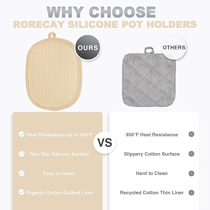 2-Pack Silicone Pot Holders for Kitchen Heat Resistant up to 500°F, Non-Slip Large Hot Pads with Pocket, Quilted Liner Trivets for Countertops Hot Pots and Pans (Milkshake)
