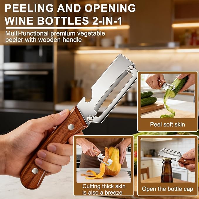 MultiFunctional Vegetable Peeler for Kitchen，Multifunctional Vegetable Peeler with Wooden Handle and Bottle Opener，2-in-1 Stainless Steel Kitchen Tool for Fruit Apple Potato Pumpkin Papaya (2)