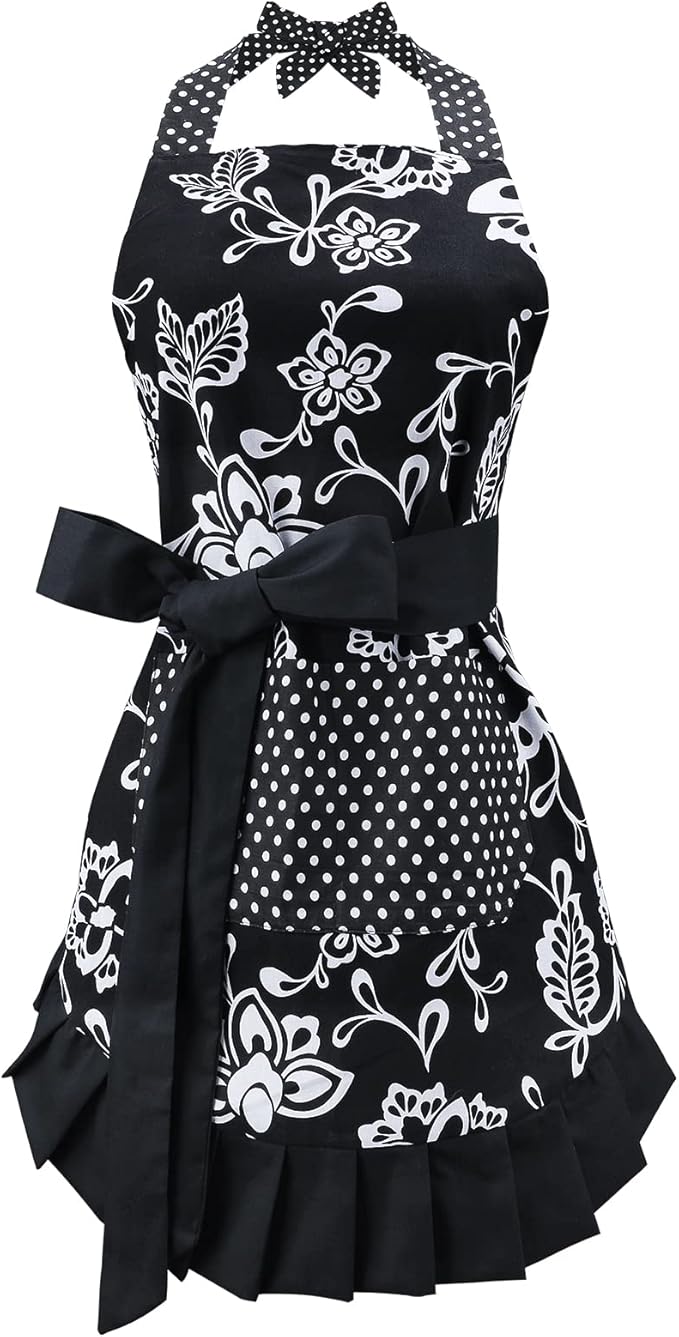 G2PLUS Vintage Floral Kitchen Apron for Women, Black Pleated Hem Cooking Apron with Pocket, Retro Cotton Apron for Kitchen and Home Use (29 x 21 inch)