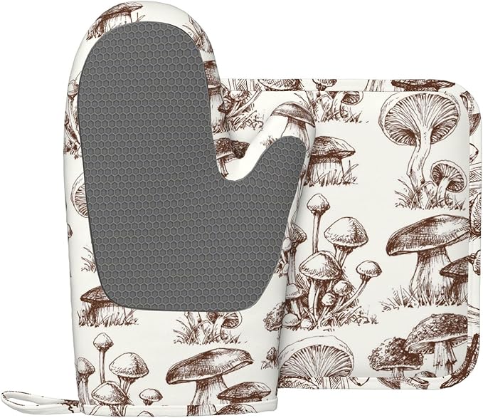 Vintage Mushroom Oven Mitts and Pot Holders Set of 2 Silicone Heat Resistant Oven Mitten Potholders Non Slip Gloves Kitchen Decor for BBQ Cooking Grilling Baking