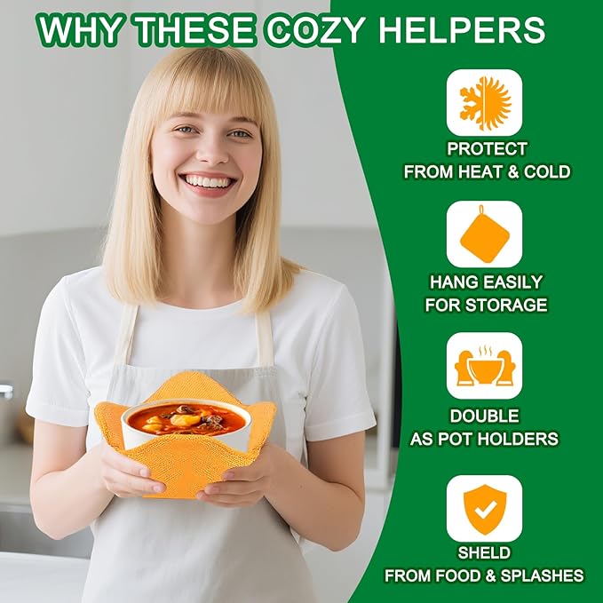 Microwave Bowl Cozy Holders - Set of 4 Microwave Safe Hot Bowl Holders with Heat Resistant Fabric, Soup Bowl Snuggies for Hot & Cold Dishes, Quilted Hot Pads to Prevent Hand Burns, Ideal Kitchen Gift