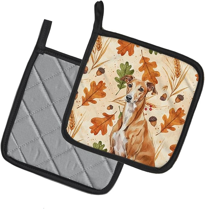 Caroline's Treasures Red Greyhound Heirloom Fall Pair of Pot Holders Pair 7.5x7.5 Quilted Insulated Hot Pads Decorative Kitchen Gift Made in USA