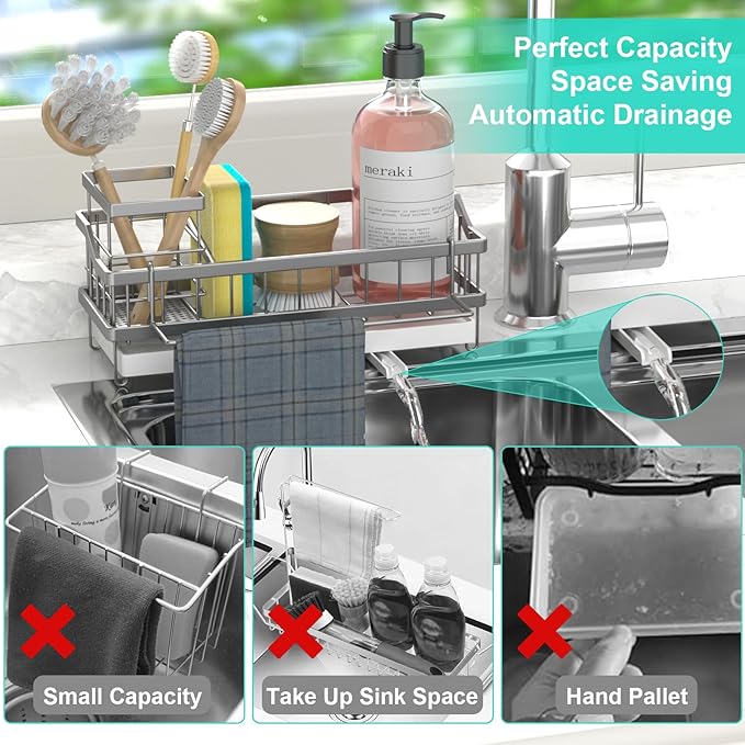 Sponge Holder for Kitchen Sink - Countertop Rustproof Stainless Steel, Kitchen Gadgets Accessories, Sink Caddy (Silver)