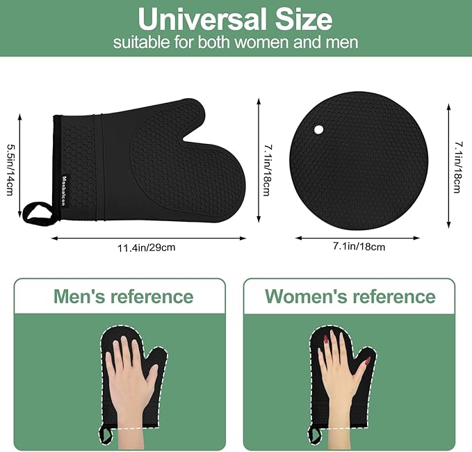 3PCS Silicone Oven Mitts and Pot Holders Sets for Kitchen, Oven Gloves Heat Resistant 500°F, Non-Slip Silicone Potholder 7.1”, Thick Oven Mitts & Thick Hot Pads Protection for Cooking, Black