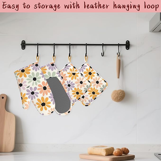 Abstract Retro Groovy Daisy Flower Heat-Resistant Silicone Oven Mitts and Pot Holder 4 Piece Set,Non-Slip Kitchen Oven Gloves for Baking, BBQ, Cooking,Grilling