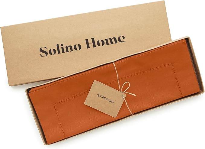 Solino Home Cotton Linen Placemats Set of 4 - Hemstitch Cinnamon Placemats 14 x 19 Inch - Machine Washable Table Mats for Mothers Day