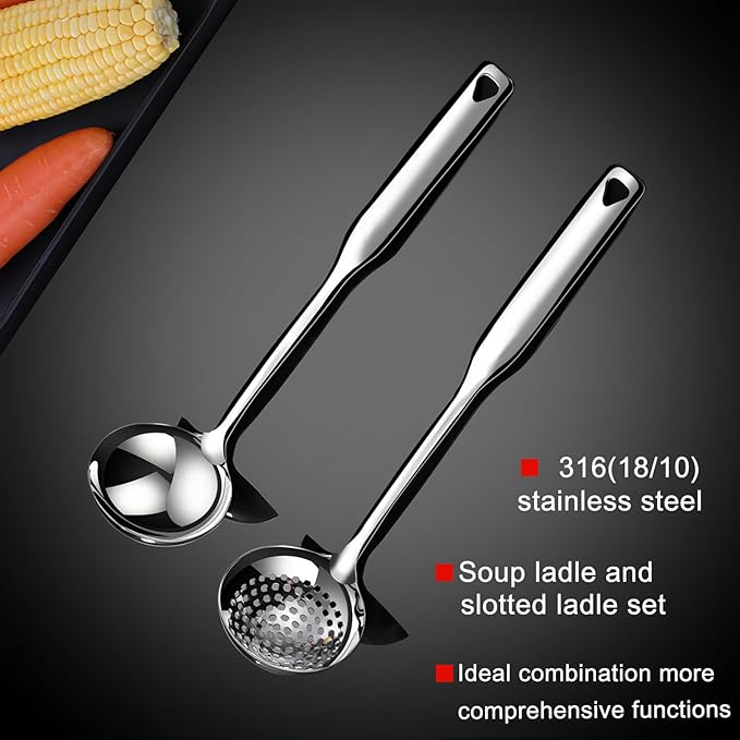Soup Ladle 18/10 Stainless Steel and Slotted Spoons with Holes 2 Pack Set,316 Metal Heavy Duty Deep Spoon Gravy Punch Ladles for Serving Soup,Gravy,Draining,Kitchen Cooking,Hot Pot(11.8inchs)