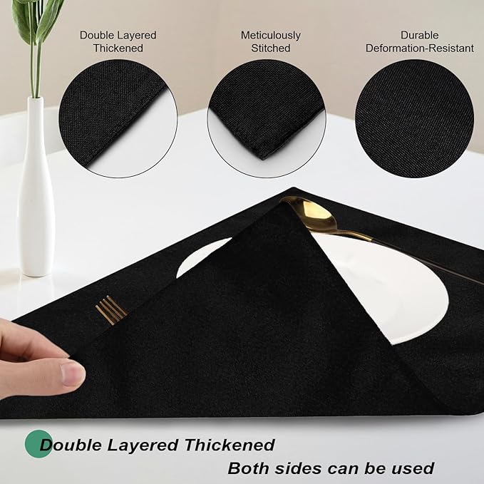 Cloth Placemats Set of 6, Cotton Linen Blend Machine Washable Double Layered Place Mats, Heat Resistant Placemats Wrinkle Free Thick Fabric Dining Table Mats for Indoors & Outdoors (Black, 6)