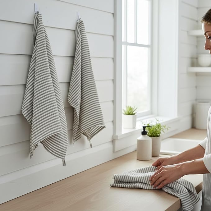 Eight Owls Stonewashed Linen Kitchen Dish Towels - 20 x 27 inch – 100% Pure Linen Tea Towel/Hand Towel - Set of 2 (Gray Stripe)