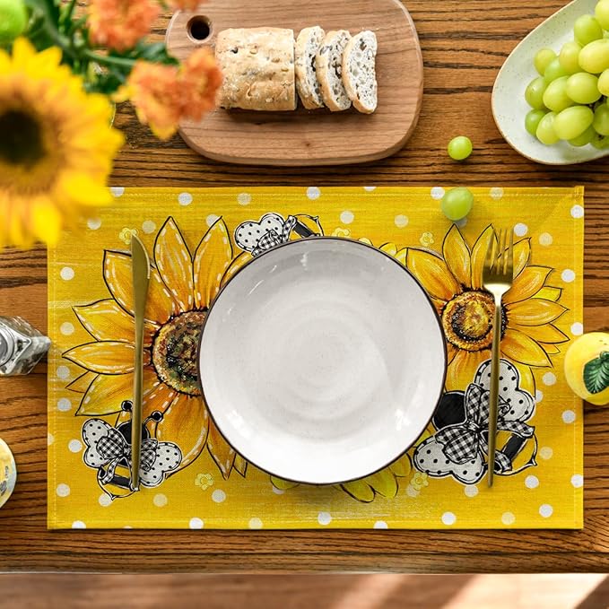 Artoid Mode Sunflower Bee Flower Polka Dot Summer Placemats Set of 4, 12x18 Inch Spring Table Mats for Table Runner Party Kitchen Dining Decoration
