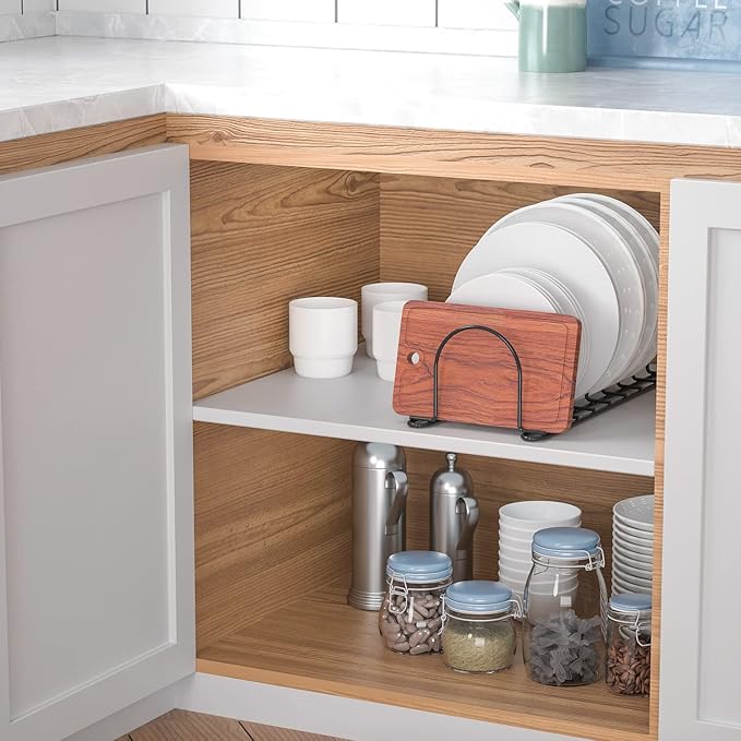 JAQ Pan Organizer Rack for Cabinet, Pot Lid Holder & Baking Sheet Organizer, Plate and Cutting Board Rack for Kitchen Countertop or Cabinet (2 Pack, Black)