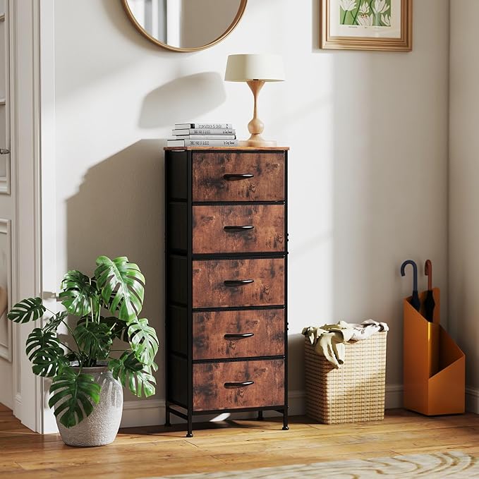 DUMOS Nightstand with 5 Drawers Bedside Table with Removable Fabric Bins Sturdy Steel Frame Wood Top Organizer Furniture for Bedroom Nursery Closet Living Room, Brown