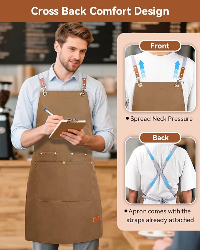 Teskyer Kitchen Cooking Apron with Pockets, Water Oil Resistant, Canvas Cross Back Aprons for Men Women Chef Server