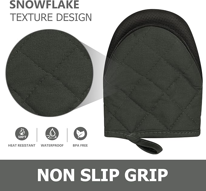 Short Oven Mitts, Heat Resistant 500°F, Silicone Grip Kitchen Gloves, Non-Slip for Baking, Grilling, BBQ, Machine Washable with Hanging Loop, 2-Pack Set, Gray