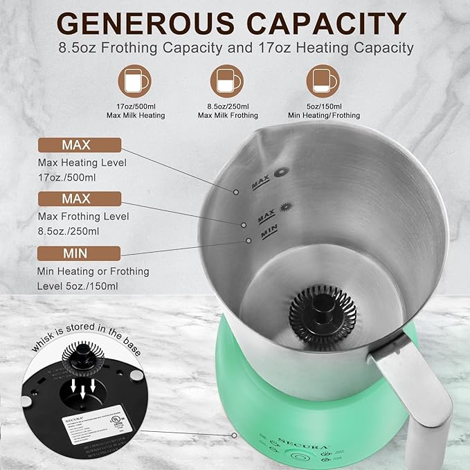 Secura Detachable Milk Frother and Steamer, 17 oz Electric Milk Warmer, 4-in-1 Hot/Cold Foam Maker, Teflon-Free Stainless Steel Jug, Dishwasher Safe for Latte, Macchiato, Hot Chocolate (Green)