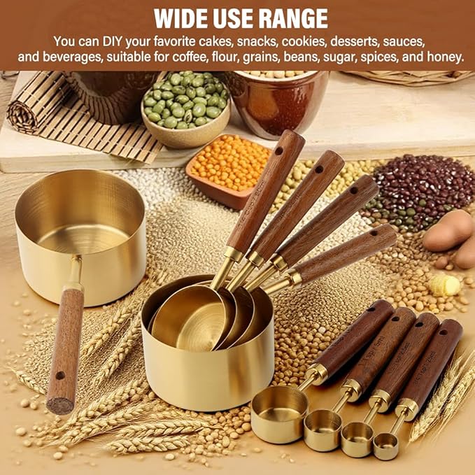 8Pcs Measuring Cups and Spoons Set, Stackable Measuring Cups with Wooden Handle, Stainless Steel Kitchen Measure Supplies Kit for Baking, Cooking(COLOR:gold+brown)
