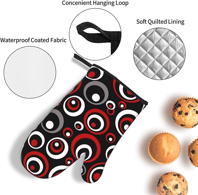Retro Red Circles Oven Mitt and Pot Holder Set (3-Piece) - Heat Resistant Non-Slip Modern Geometric Gloves Gift for Chef Cooking Baking Grilling BBQ Lovers, Stylish Kitchen Decor, Red White Black Grey