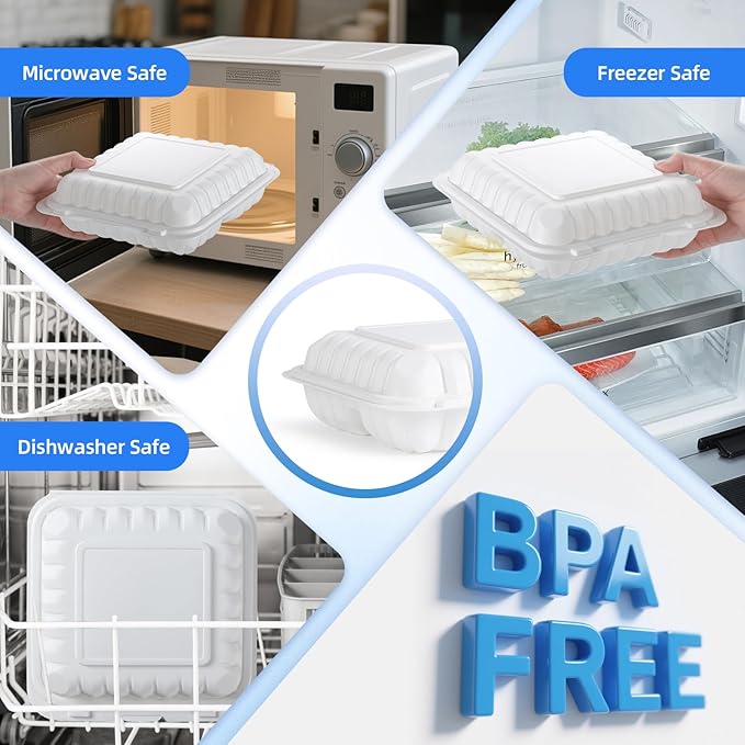 YANGRUI Food Containers 9" 40 oz 100 Pack - Mineral Filled BPA Free Polypropylene Plastic | Shrink Sealed | Reusable Dishwasher Freezer & Microwave Safe | Stackable Design 3 Compartment Takeout Boxes