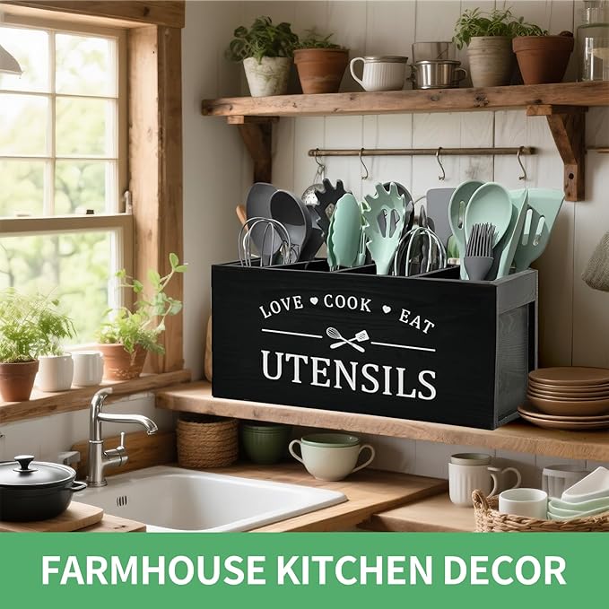 Extra Large Kitchen Utensils Holder with 4 Compartments, Wooden Storage Utensil Holder Organizer for Counter or Countertop, Farmhouse Decor, Rustic Cooking Utensil Kitchen Tool