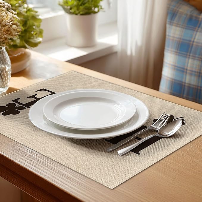 HOMETITUTE Home Placemats Set of 4 Linen 12x18 Inch Washable Table Mats with Buffalo Plaid Heart and Clover Design Decorative Table Placemats Set of 4 for Farmhouse Kitchen Dining Everyday Decor