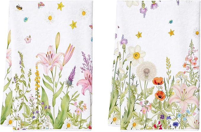2Pcs Wild Flower Kitchen Towels-16×24in Spring Floral Kitchen Dish Towels, Absorbent & Quick Dry Hand Tea Towels for Holiday Home Decor Easter Mother‘s Day Gifts