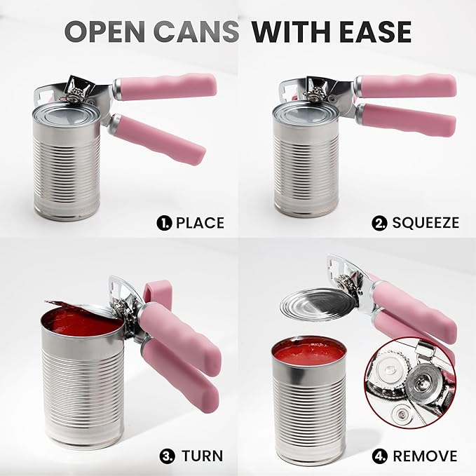 Zulay Kitchen Heavy Duty Stainless Steel Can Opener Manual with Bottle Opener - Rust Proof Manual Can Opener With Turn Knob & Comfy Soft Grip Handles - Pink