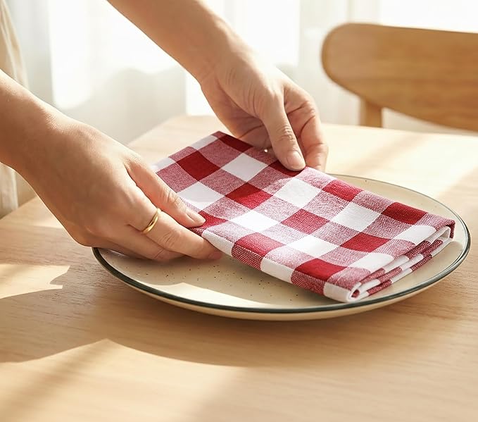 PurpleEssences Buffalo Plaid Cloth Napkins - Mitered Corners - Spring Easter Summer - Gingham Check Dinner Napkin - Set of 12-100% Cotton - 18x18 Inch - Reusable Washable - Red and White