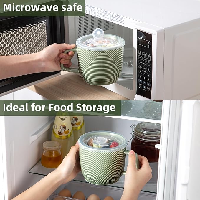 Ceramic Soup Bowls with Lid & Handle: 32 oz Microwave Safe Food Containers for Ramen Noodles Cereal Leftovers - Extra Large Mugs for Breakfast Lunch Picnic Camping - Green, Set of 2