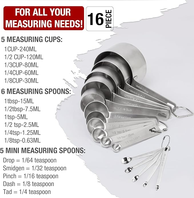 16-Piece Measuring Cups and Spoons Set Includes 4 Metal Measuring Cups 6 Stainless Steel Tablespoon Teaspoon Measuring Spoons & 5 Mini Spoons for Measuring Liquid Dry Ingredients Home Kitchen
