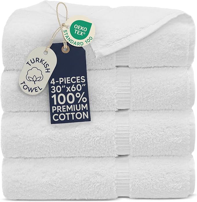 Towel Bazaar Premium Cotton Super Soft and Absorbent Turkish Towels (4-Piece Extra Large Bath Towels, White)