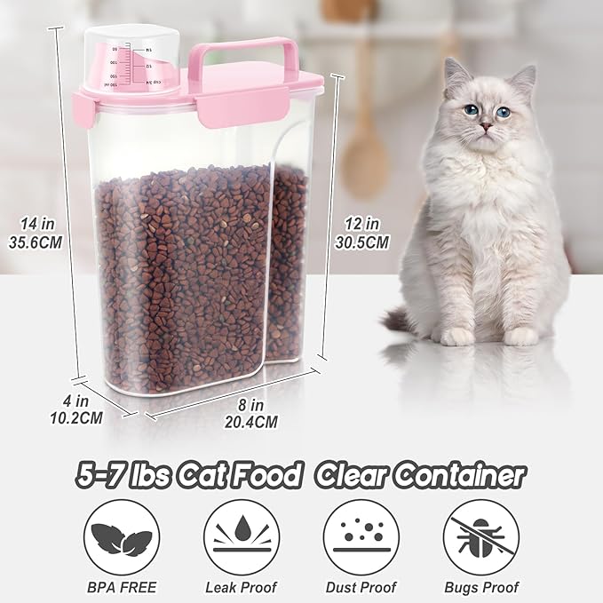 LEAWALK 5-7Lbs Dog Cat Food Storage Container with Upgraded Large Nozzle BPA-free, 4 Snap Seals Plastic Pet Food Storage Containers with Handles (Light Pink, 5L-2pack)
