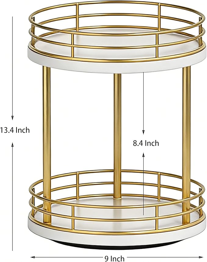 Bathroom Organizer Countertop,2 Tier Rotating Makeup Organizer Countertop for Vanity,Wooden Bathroom Counter Storage Shelf,Lazy Susan Turntable for Perfume,Skincare,Cosmetic (White-Gold)