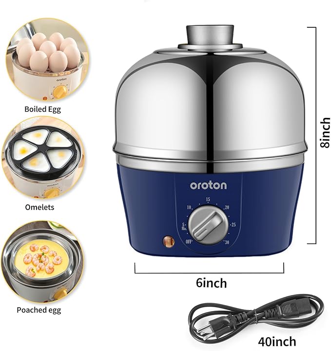 Oroton 9-Egg 304 Stainless Steel Egg Cooker – Steam & Boil Eggs with Timer, Automatic Shut-Off & 3 Cooking Modes (Blue)(Hard/Medium/Soft)