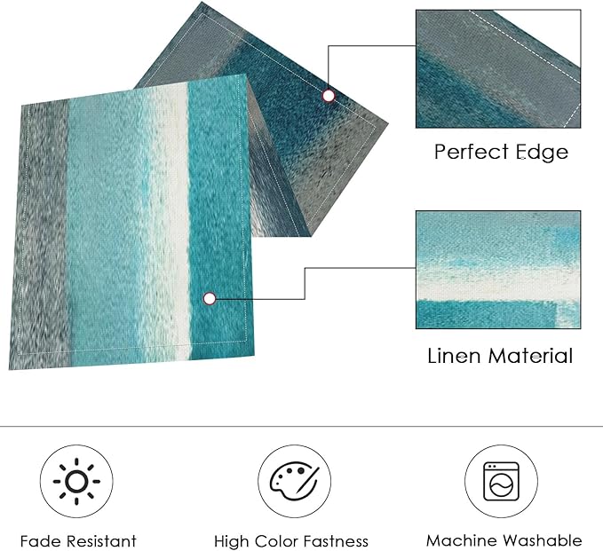 ArtSocket Farmhouse Table Runner and Placemats Set of 6, Abstract Green Blue Grey Teal Painting Art Dining Decor for Daily Use(1 Table Runner 72 inches Long and 6 Placemats)