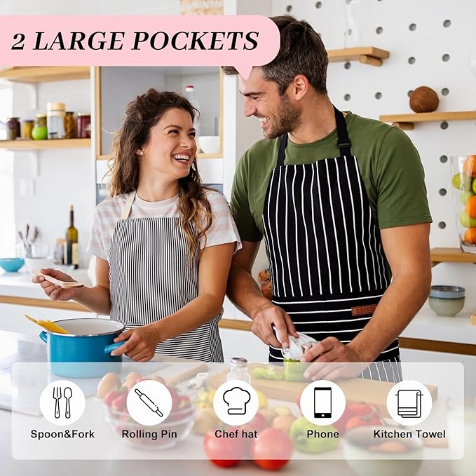 2Pack Adjustable Kitchen Apron for Women Men with 2 Pockets，Cotton-Polyester Blend Bib Aprons for Cooking,Baking