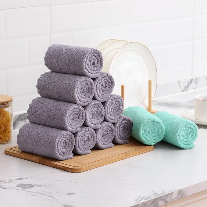 Mordimy 24 Pack Kitchen Cloths Dish Towels (10" x 10", Grey & Green), Super Soft and Absorbent Dish Cloths, Coral Velvet Microfiber Cleaning Cloth, Nonstick Oil Fast Dry Dishcloths